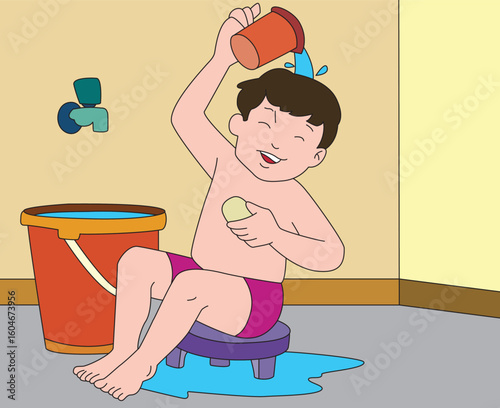 Little boy taking a bath in the bathroom