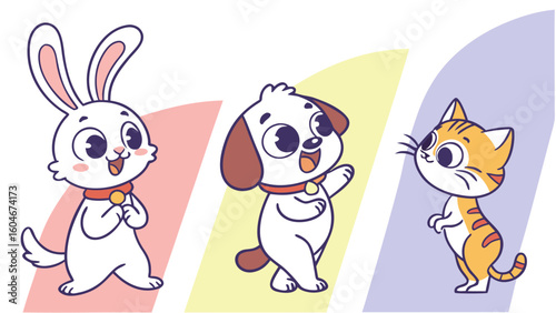 Illustration of a cartoon rabbit, dog, and cat standing against colored backgrounds in a row design