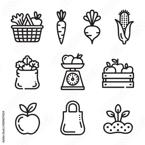 Fresh produce icons, healthy food, shopping, and growth symbols for markets