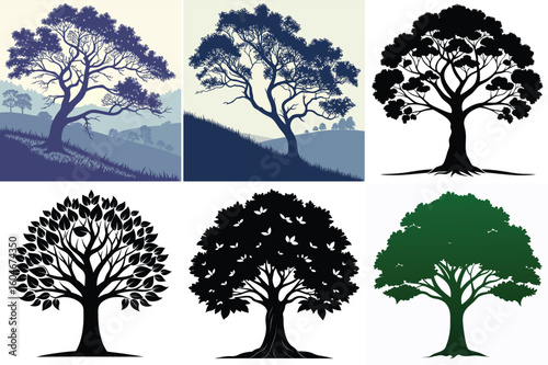Tree Silhouette Collection: An ensemble of six unique tree silhouettes presents variations in design, shape and size. Featuring different shadow, colors and outlines.