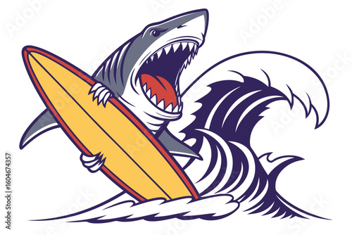Aggressive cartoon shark mascot surfing with bright board and big splash wave