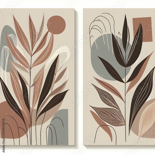 Minimalist botanical diptych with abstract geometric shapes
