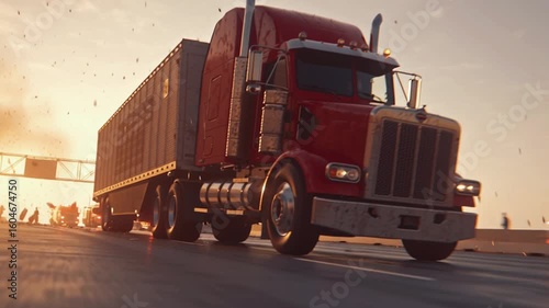 cinematic frame massive red semi-truck frozen mid-air after colliding highway divider, debris fire trucks racing, emergency running toward scene, sunrise backlight, dust sparks frozen, epic disaster