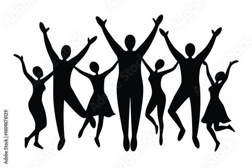 Silhouette of Diverse People Celebrating Success and Unity Symbolizing Teamwork and Achievement in Black and White