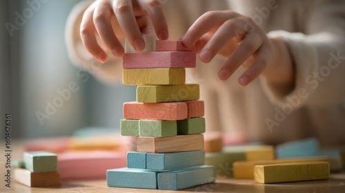 Child's hands build colorful wooden blocks tower