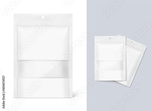 Realistic stand up pouch bag with transparent window and  hole slot mockup. Front view. Vector illustration isolated on white and grey background. Ready for your design. EPS10.