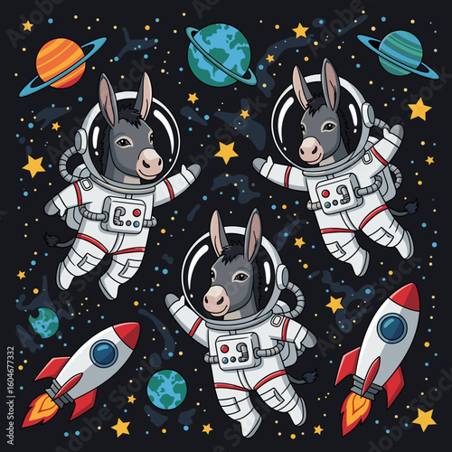 Three adorable cartoon donkeys dressed in astronaut suits float playfully in the vast, starry expanse of outer space, surrounded by colorful planets and rockets.