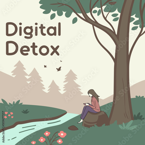Illustration of a woman using a mobile phone sitting by a river under a tree with digital detox text above