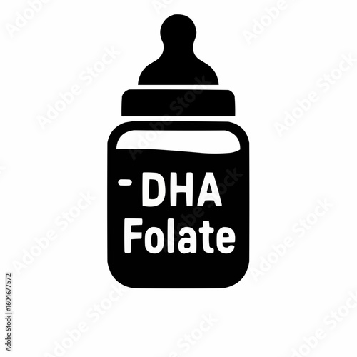 Prenatal Nutrition. Baby bottle with essential vitamin abbreviations (DHA, Folate). Maternal health