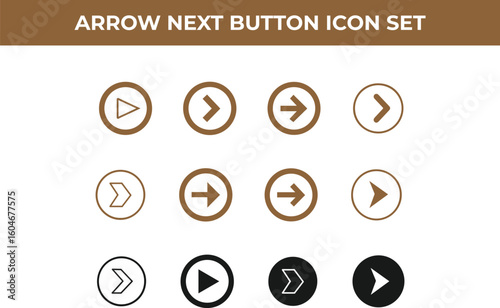 Set of Arrow and Next Play Button Icons in Various Styles
