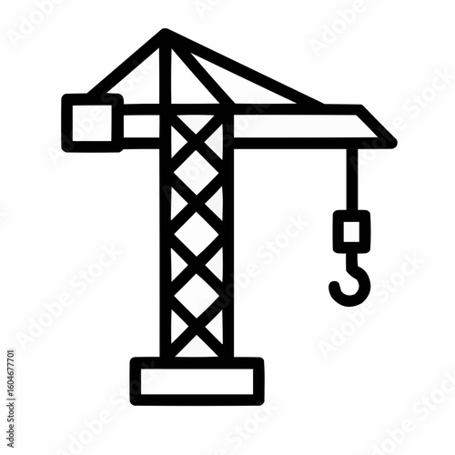 Tower crane with a hook and counterweight. Straight lines for the tower, diagonal for the arm. Simple and recognizable