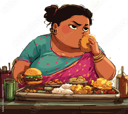 woman eating lot of food
