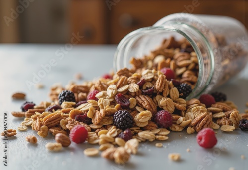Homemade granola with oats, nuts, and dried berries spilling from a jar