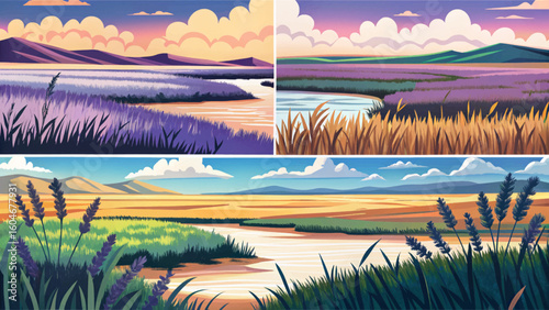 Sunset Over Serene Prairie Grassland landscape banner set