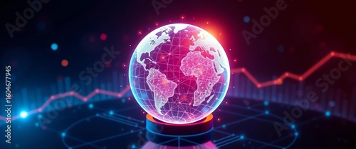 Futuristic hologram globe with rising digital graph, low poly style,   technology background,  technology