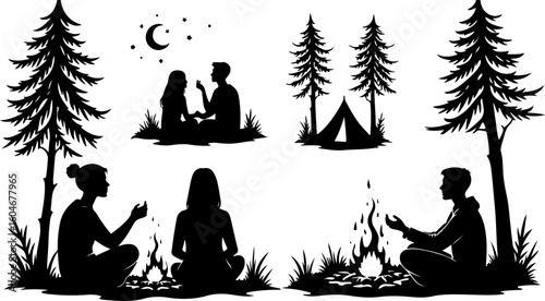 Campfire hiking mountain tree Silhouettes Under the Stars 
