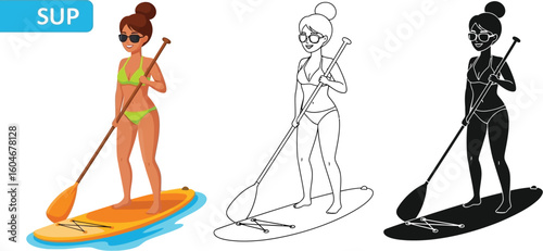 Sup paddleboarding woman vector illustration set for summer water sport activity and recreation