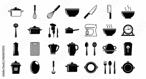 Cooking and Kitchen Utensil Line Icon Set – Cookware, Food Prep Tools, Mixer, Knife, Spoon, Bowl, Appliances Vector Illustration

