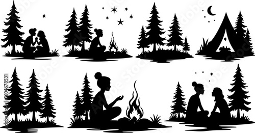Campfire hiking mountain tree Silhouettes Under the Stars 