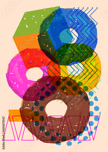Risograph Doughnut with geometric shapes. Objects in trendy riso graph print texture style design with geometry elements.