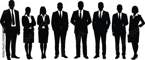 Business professionals in formal attire – silhouette illustration of men and women in office suits, standing poses for corporate concepts.