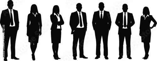 Business professionals in formal attire – silhouette illustration of men and women in office suits, standing poses for corporate concepts.
