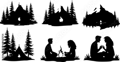 Campfire hiking mountain tree Silhouettes Under the Stars 