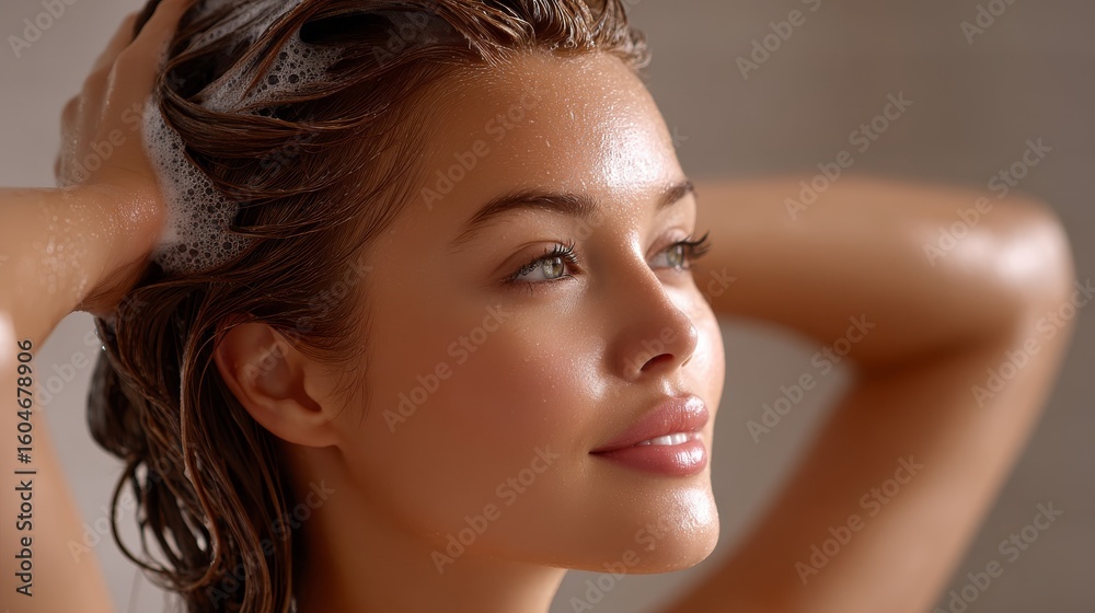 Naklejka premium Young Woman Rinsing Her Hair With Sparkling Water in a Serene Bathroom Setting