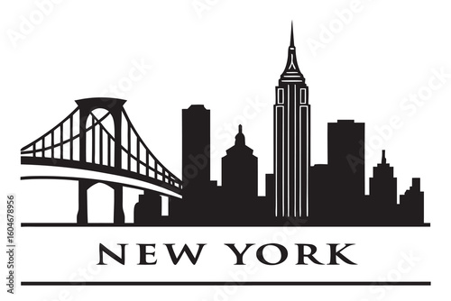Black and white new york city skyline illustration with bridge and skyscrapers architecture