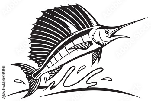 Black and white sailfish leaping from water ocean marine life