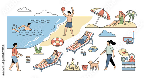 A Vibrant Collection of People Enjoying a Sunny Day at a Picturesque Beach Scene