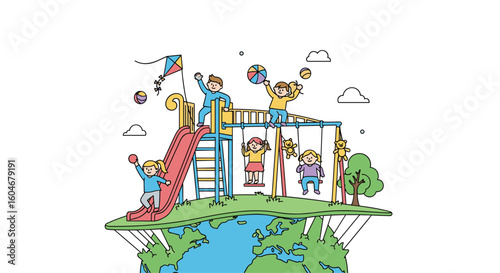 Children happily playing on a playground structure on top of a floating globe symbolizing global childhood fun and environmental care