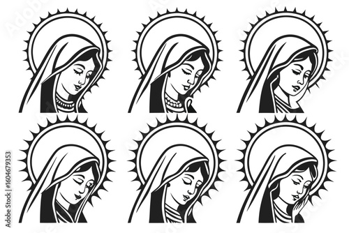 Black and white vector illustration of serene female figures with halos virgin mary religious