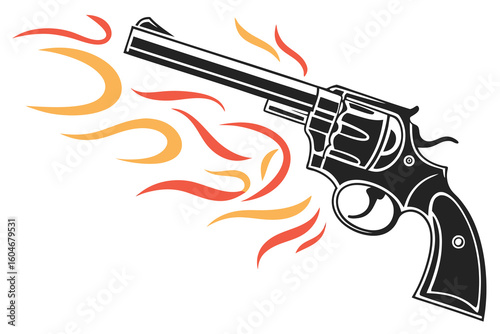 Black revolver with orange and red flames firearm weapon