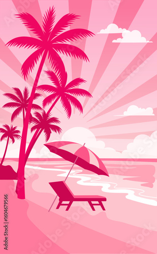 Pink tropical beach landscape with palm trees, sun lounger, and umbrella against a sunset sky with sun rays and clouds