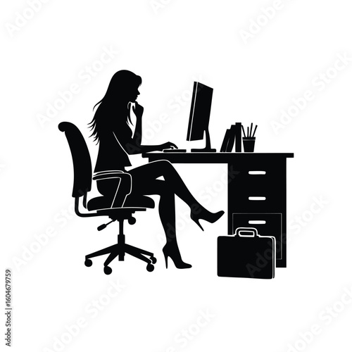 Woman working at desk with computer and briefcase silhouette office chair