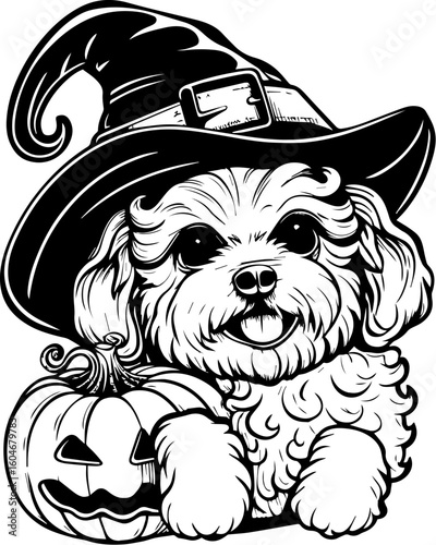 SVG of a Halloween dog wearing a witch hat with a pumpkin in a cute festive style.  Adorable Dog in Witch Hat with Pumpkin for Halloween Celebration