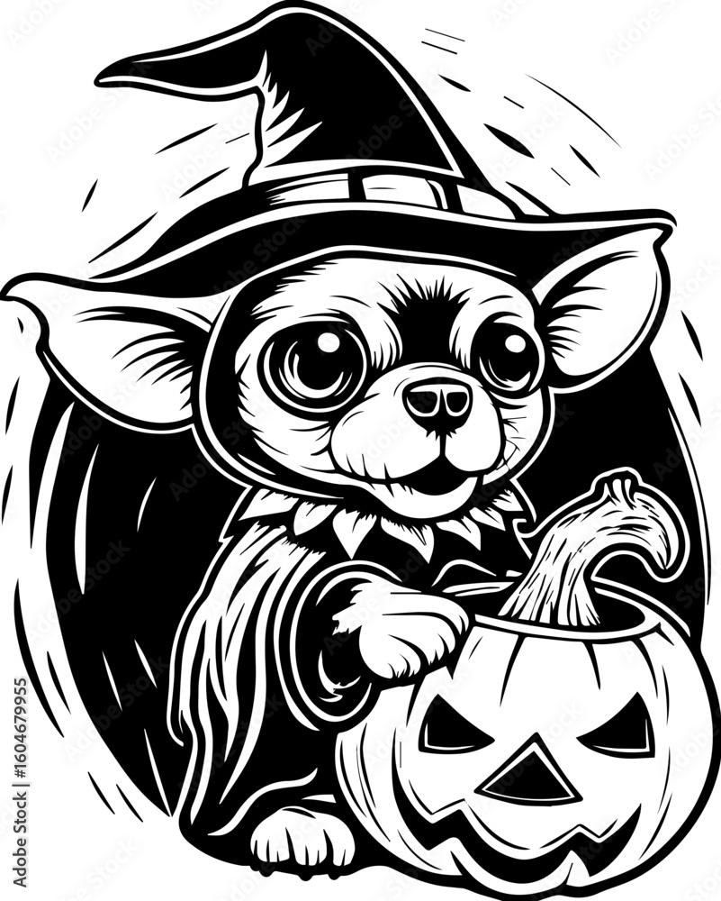 Fototapeta premium SVG of a Halloween dog wearing a witch hat with a pumpkin in a cute festive style. Cute Witch Dog with Pumpkin for Halloween Celebration Decor