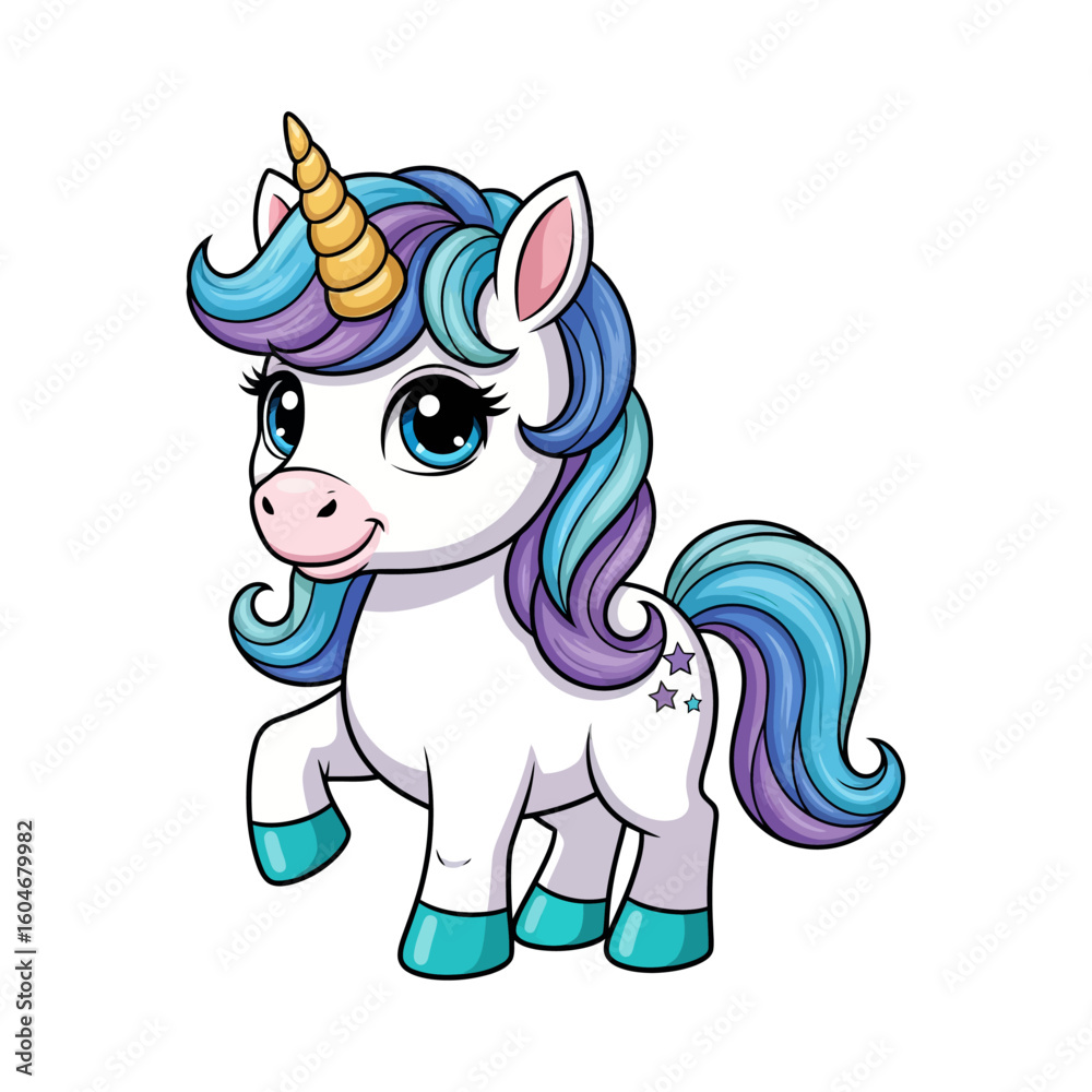 Naklejka premium Adorable Chibi Unicorn with Rainbow Mane Vector illustration