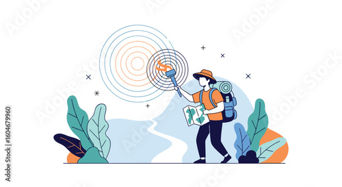 Adventurer navigating a winding path towards a bright future symbolized by a bursting sun and abstract patterns representing knowledge and discovery