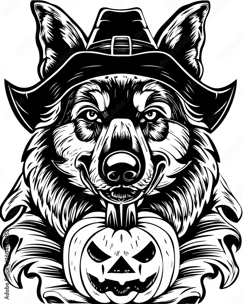 Obraz premium SVG of a Halloween dog wearing a witch hat with a pumpkin in a cute festive style. Festive Halloween Shepherd Dog with Pumpkin Graphic Illustration