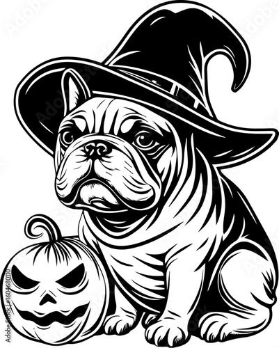 SVG of a Halloween dog wearing a witch hat with a pumpkin in a cute festive style.  Bulldog in Witch Hat with Pumpkin for Halloween Celebration