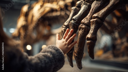 Child's hand touches dinosaur fossil