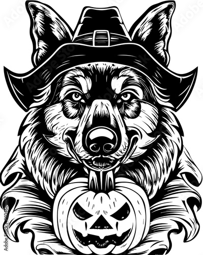 SVG of a Halloween dog wearing a witch hat with a pumpkin in a cute festive style.  Festive Halloween Shepherd Dog with Pumpkin Graphic Illustration