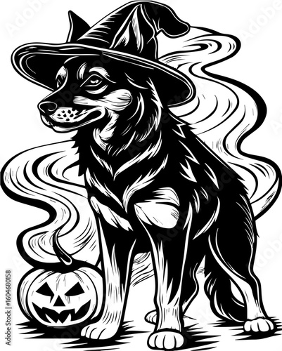 SVG of a Halloween dog wearing a witch hat with a pumpkin in a cute festive style.  Black and White Illustration of a Shepherd Dog in a Witch Hat