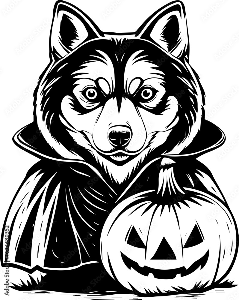 Naklejka premium SVG of a Halloween dog wearing a witch hat with a pumpkin in a cute festive style. Halloween Dog With Pumpkin And Cape In Monochrome Illustration