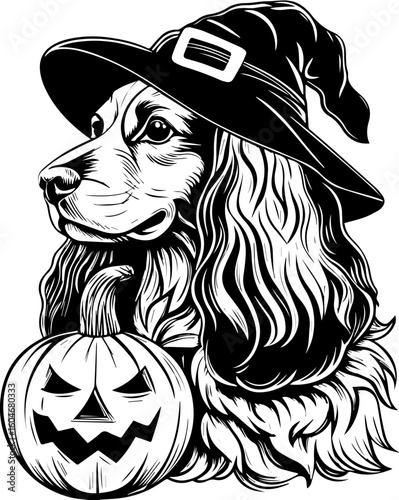 SVG of a Halloween dog wearing a witch hat with a pumpkin in a cute festive style.  Stylish Setter Dog Wearing Witch Hat with Halloween Pumpkin Decoration