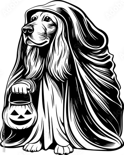 SVG of a Halloween dog wearing a witch hat with a pumpkin in a cute festive style.  Charming Dog in a Halloween Costume with Candy Basket Graphic