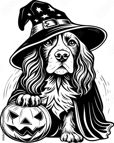 SVG of a Halloween dog wearing a witch hat with a pumpkin in a cute festive style.  Adorable Dog in Wizard Hat and Cloak with Halloween Pumpkin