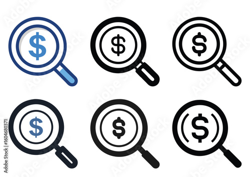 Different styles of dollar sign magnifying glass financial audit symbols